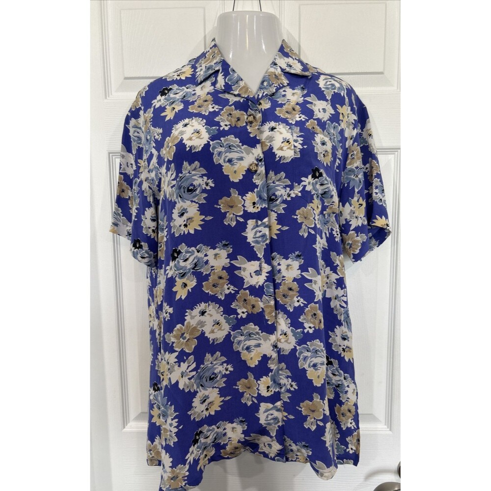 Vintage Casual Corner Blue Floral Print Silk Blouse Shirt 80s Fashion Women's M